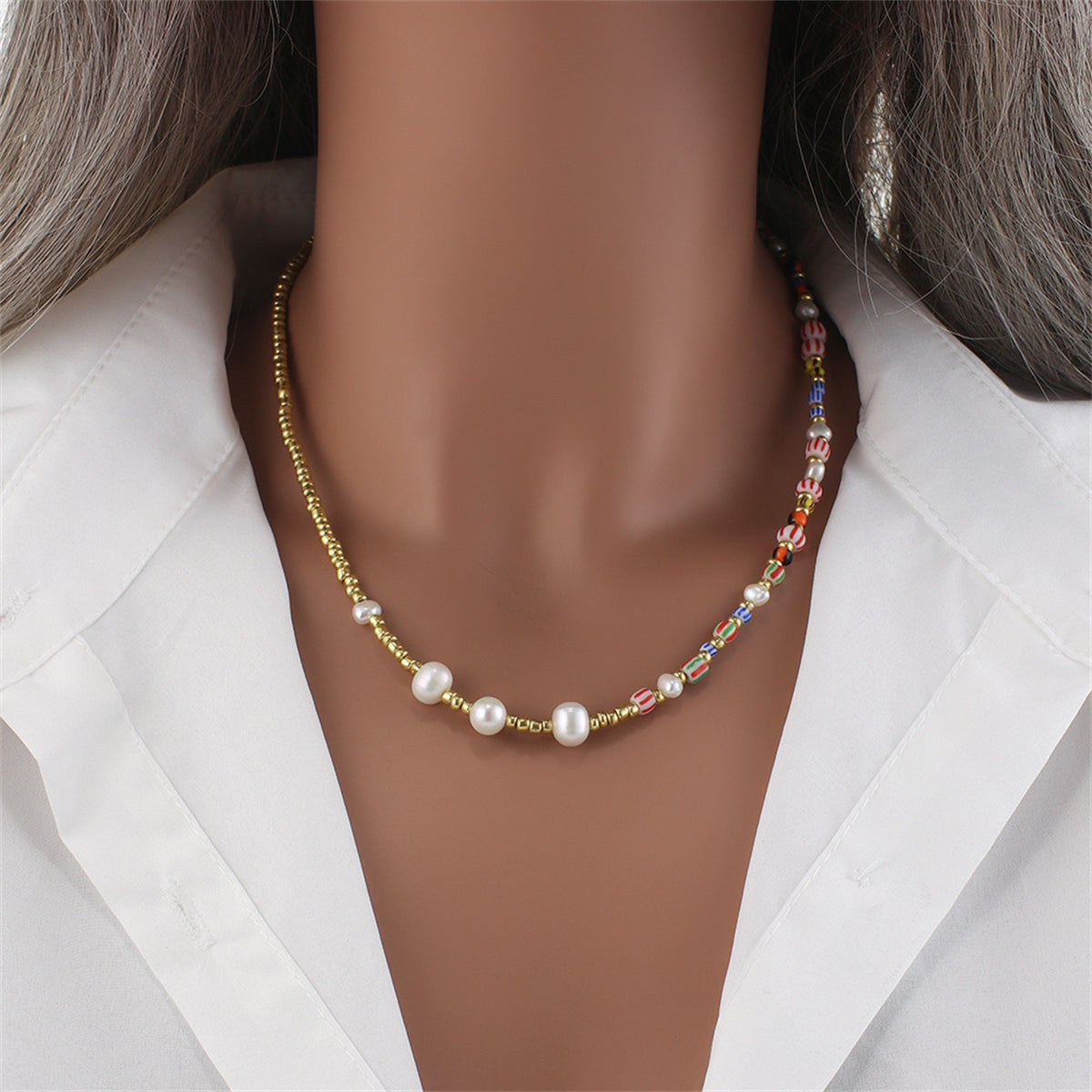 Pearl and Acrylic 18K Gold-Plated Bead Chain Necklace, gold pendant necklace for women, botanical inspired, styled look