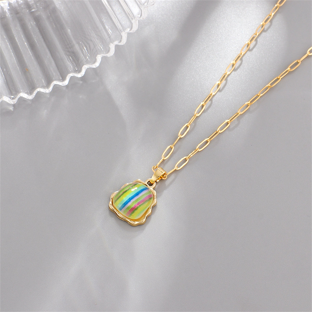 Blue Resin and 18K Gold-Plated Stripe Ladder Pendant Necklace, gold pendant necklace for women, side view