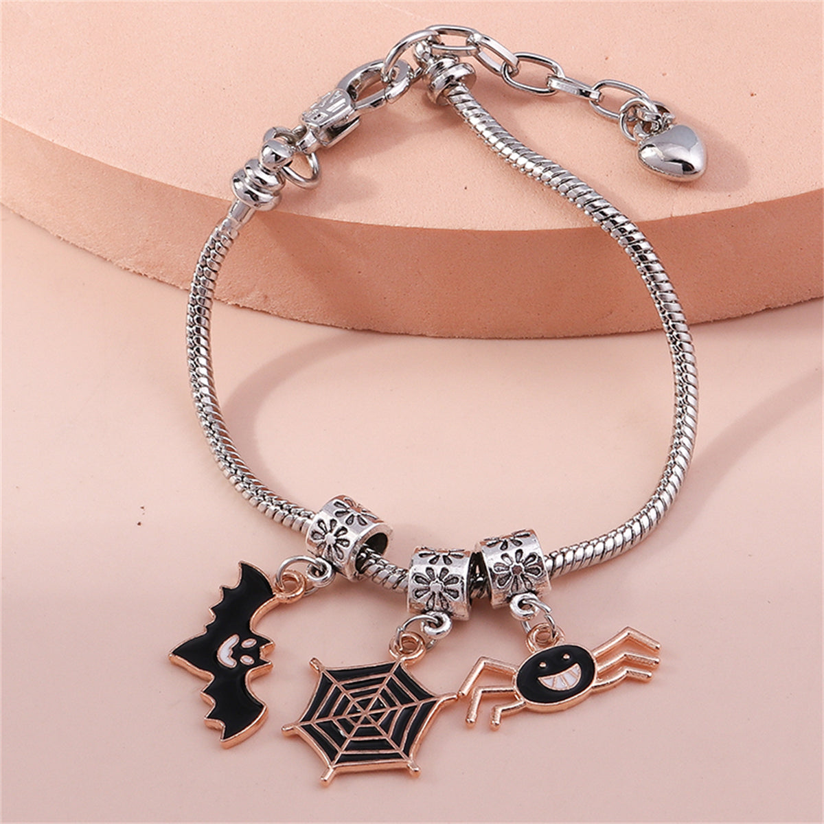 Black Enamel and Two Tone Bat Cobweb Spider Charm Bracelet, bracelet for women, elegant gift for her, styled look