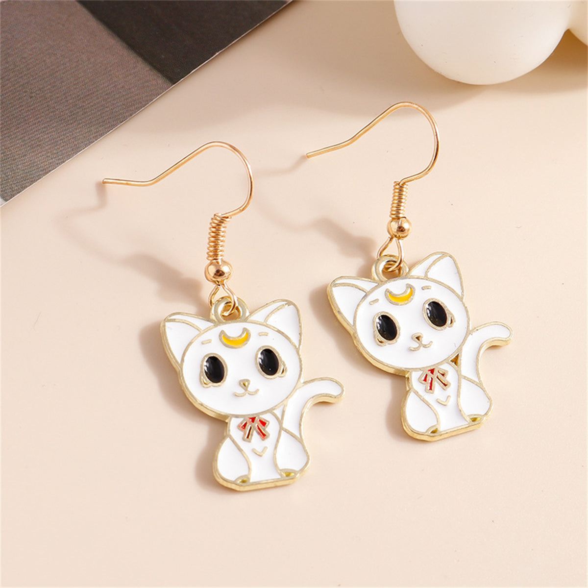 White Enamel and 18K Gold-Plated Cat Drop Earrings, gold drop earrings for women, elegant gift for her, side view