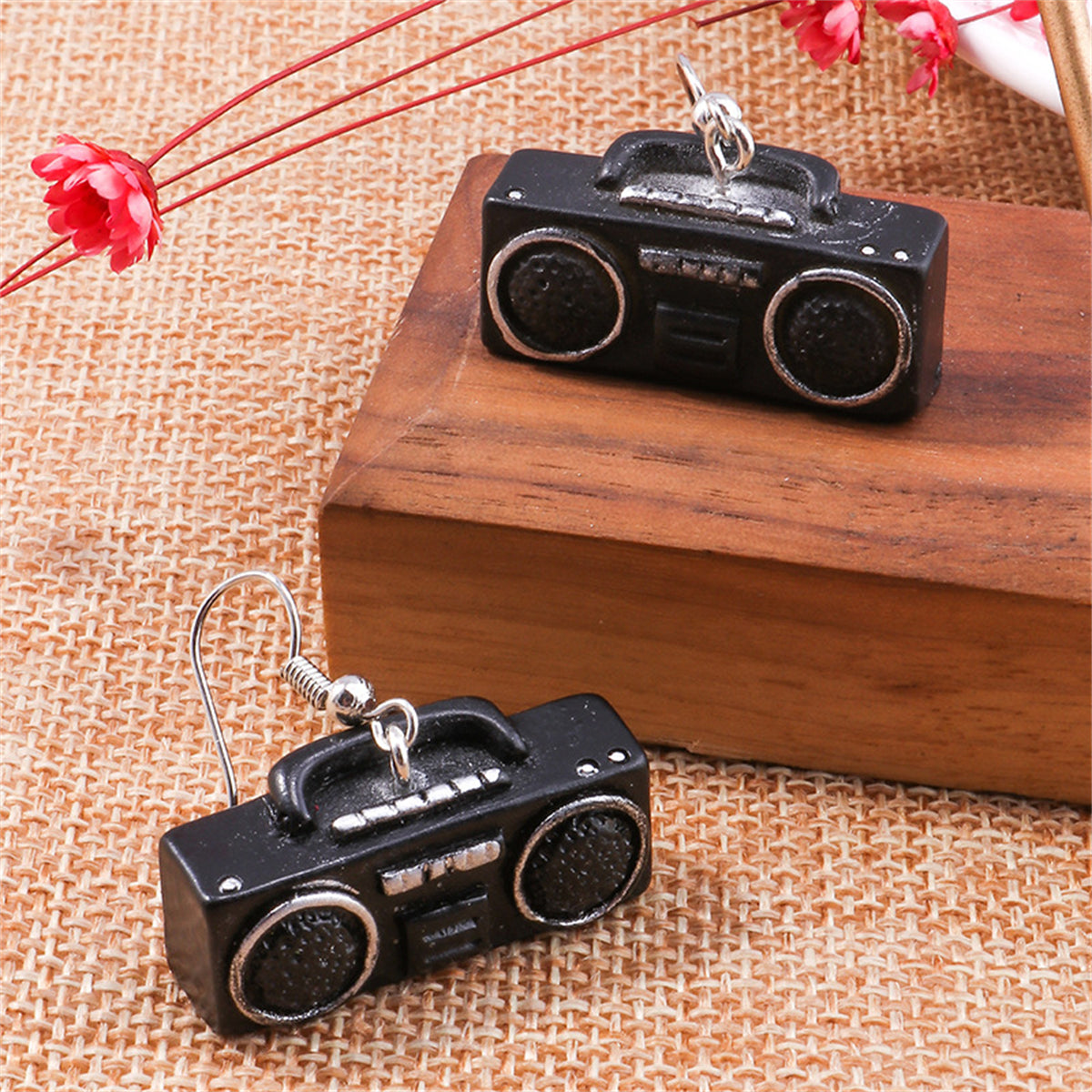 Black Enamel and Silver-Plated Radio Drop Earrings, silver drop earrings for women, dainty minimalist design, styled look