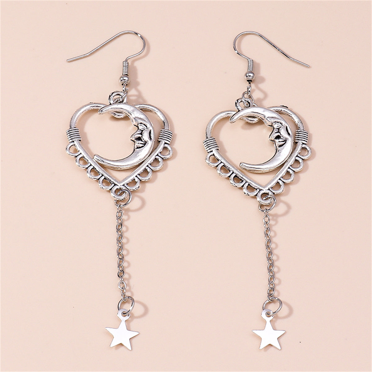 Silver-Plated Moon Heart Star Drop Earrings, silver drop earrings for women, botanical inspired, styled look