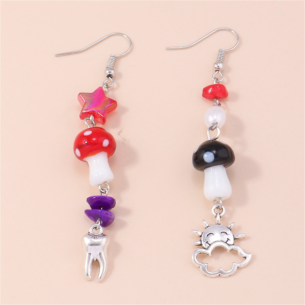 Red Resin and Silver-Plated Mushroom Teeth Drop Earrings, silver drop earrings for women, botanical inspired, styled look