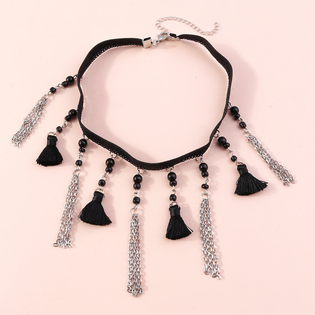 Black Howlite and Polster Silver-Plated Tassel Choker Necklace, silver pendant necklace for women, everyday style, side view