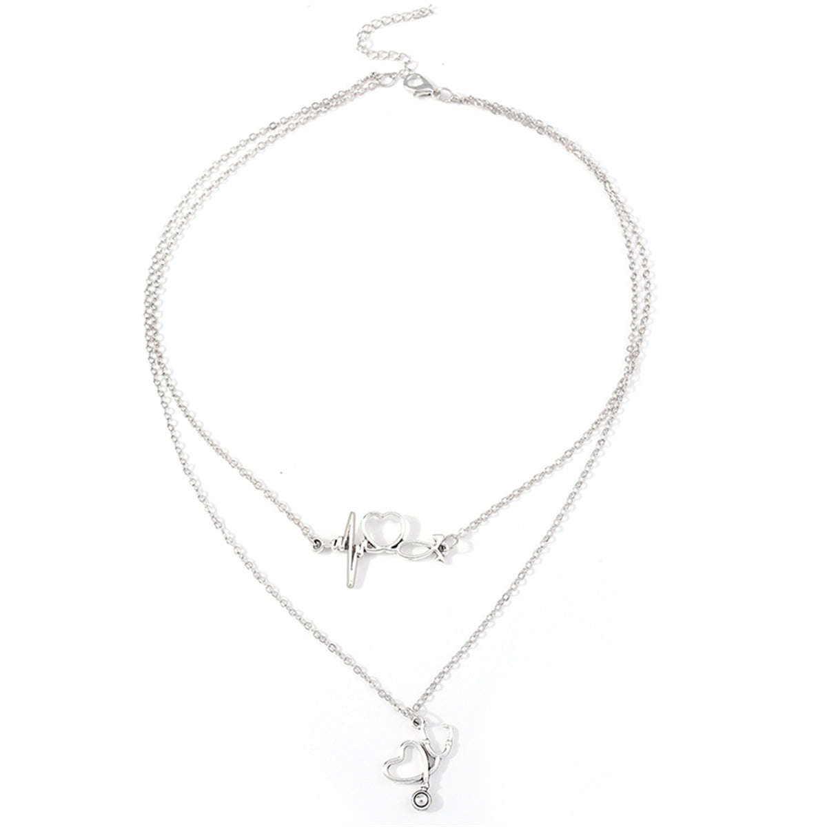 Silver-Plated Heartbeat and Stethoscope Pendant Layered Necklace, silver pendant necklace for women, styled look