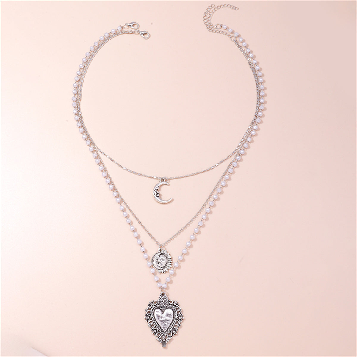 Pearl and Silver-Plated Moon Sun Heart Pendant Layered Necklace, jewelry gift sets for women, botanical inspired, styled look