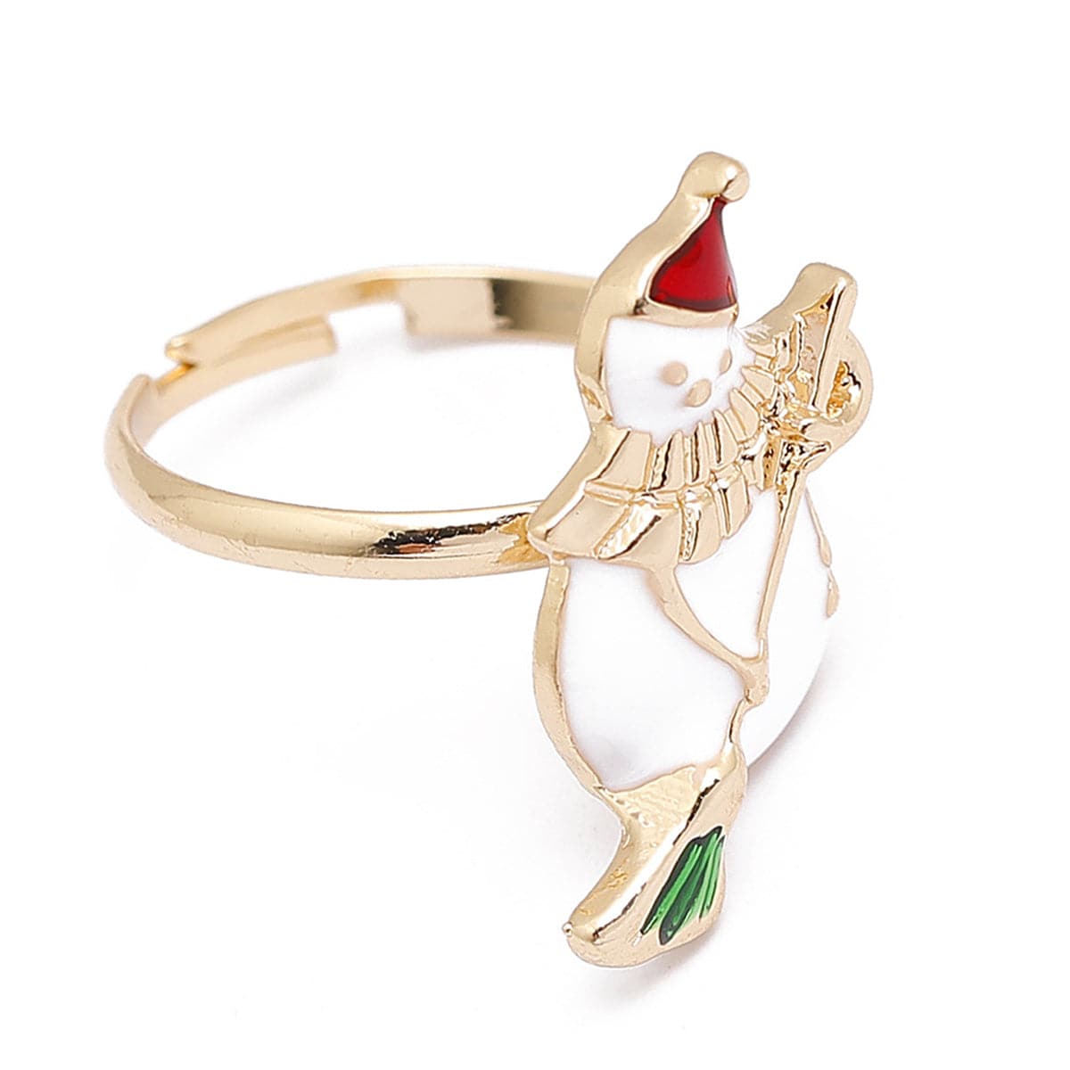 Red Enamel and 18K Gold-Plated Snowman Adjustable Ring, gold statement rings for women, vintage-inspired design, front view