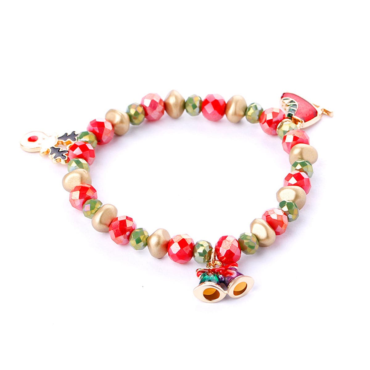 Red Acrylic and 18K Gold-Plated Reindeer Skates Charm Stretch Bracelet, gold bracelet for women, detail close-up