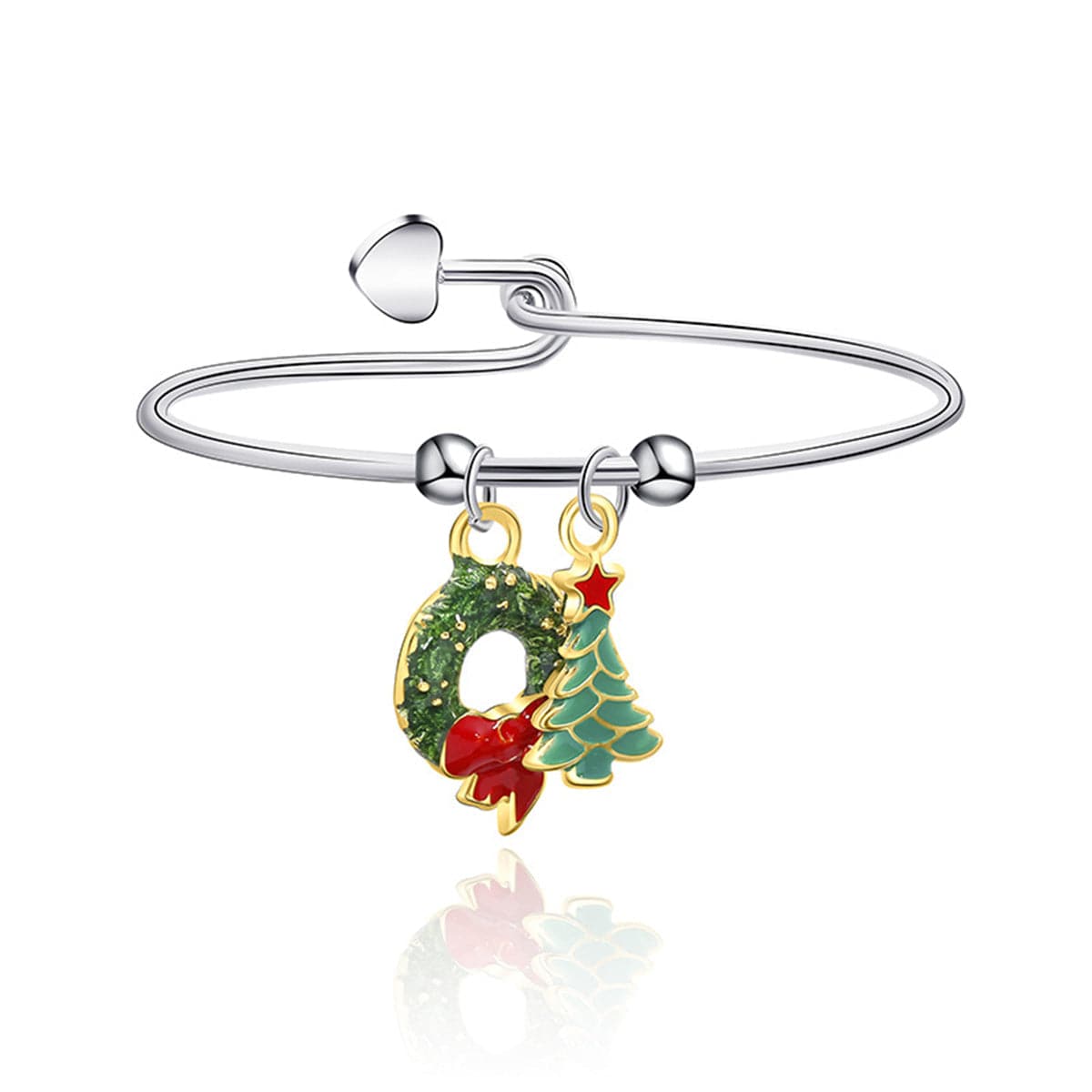 Green and Two-Tone Christmas Tree and Wreath Charm Bangle, bangle bracelet, botanical inspired, front view