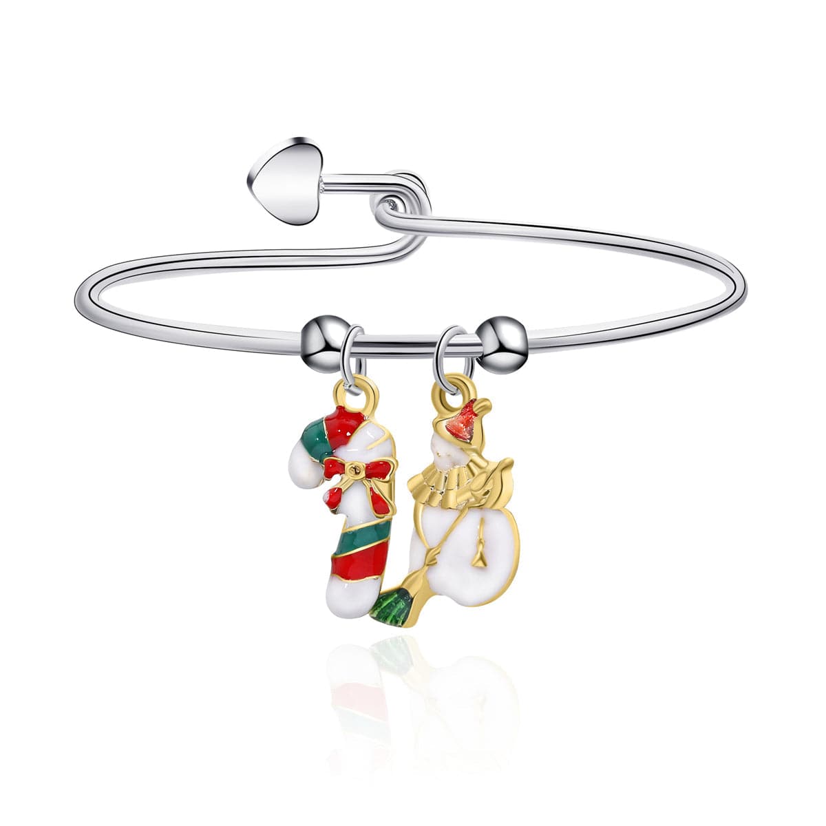 Red Enamel and Two Tone Candy Cane Snowman Charm Bangle, bangle bracelet, botanical inspired, front view