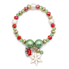 Pearl & Two-Tone Snowflake Bell Stretch Charm Bracelet