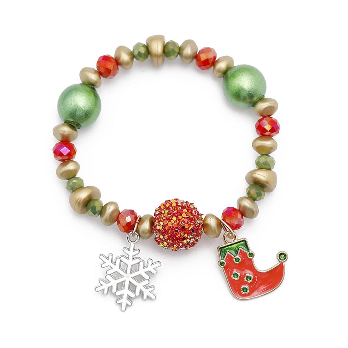 Red Enamel and Green Acrylic Snowflake Stocking Charm Stretch Bracelet, bracelet for women, everyday style, side view