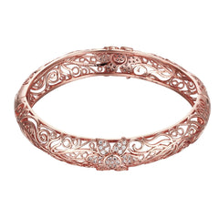 Stunning rose gold bangle adorned with detailed filigree flowers and shimmering cubic zirconia stones.