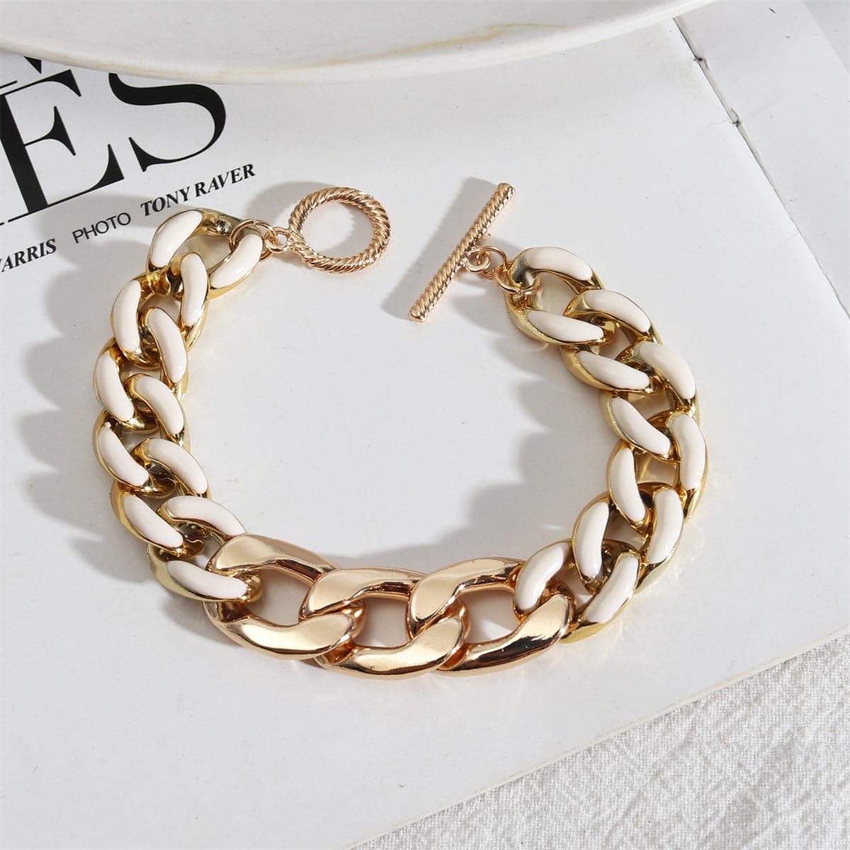 White Enamel and 18K Gold-Plated Curb Chain Toggle Bracelet, gold bracelet for women, botanical inspired, front view