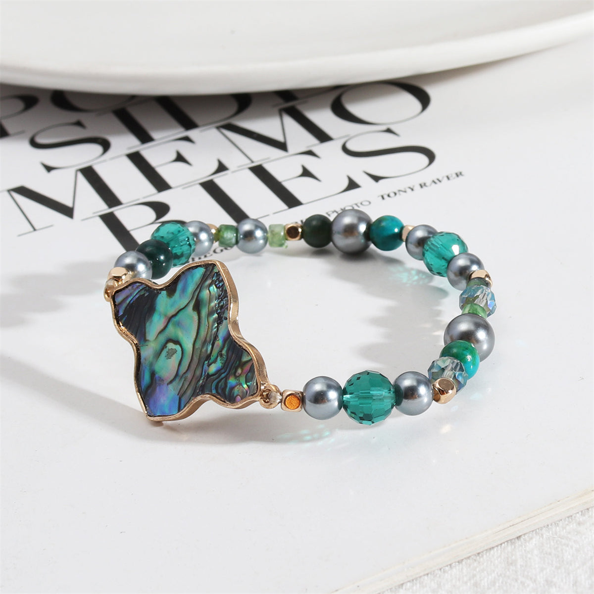 Abalone Shell and Turquoise Clover Stretch Bracelet, bracelet for women, elegant gift for her, styled look