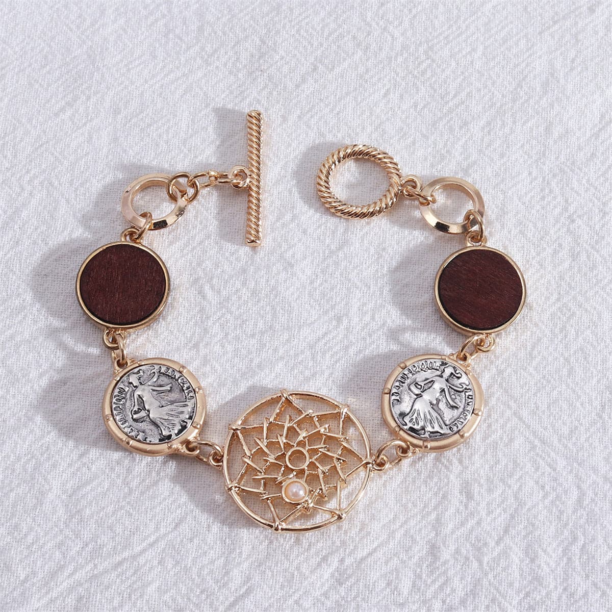 Two-Tone Coin Lotus Toggle Bracelet, bracelet for women, dainty minimalist design, front view