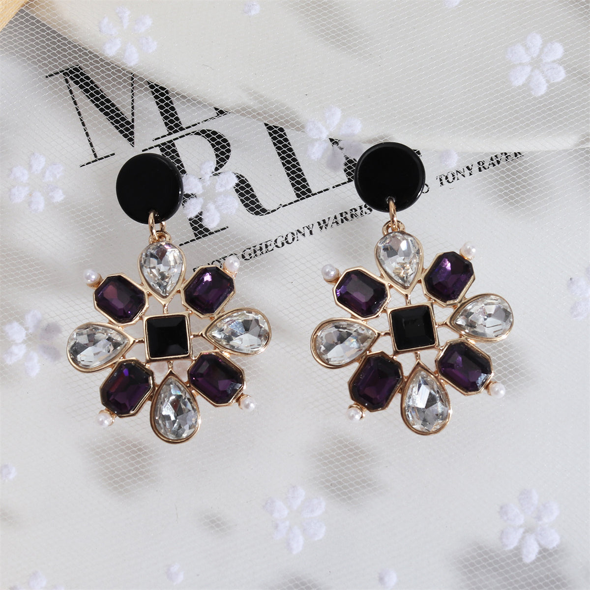 Purple Crystal and Acrylic Botanical Drop Earrings, drop earrings for women, everyday style, detail close-up