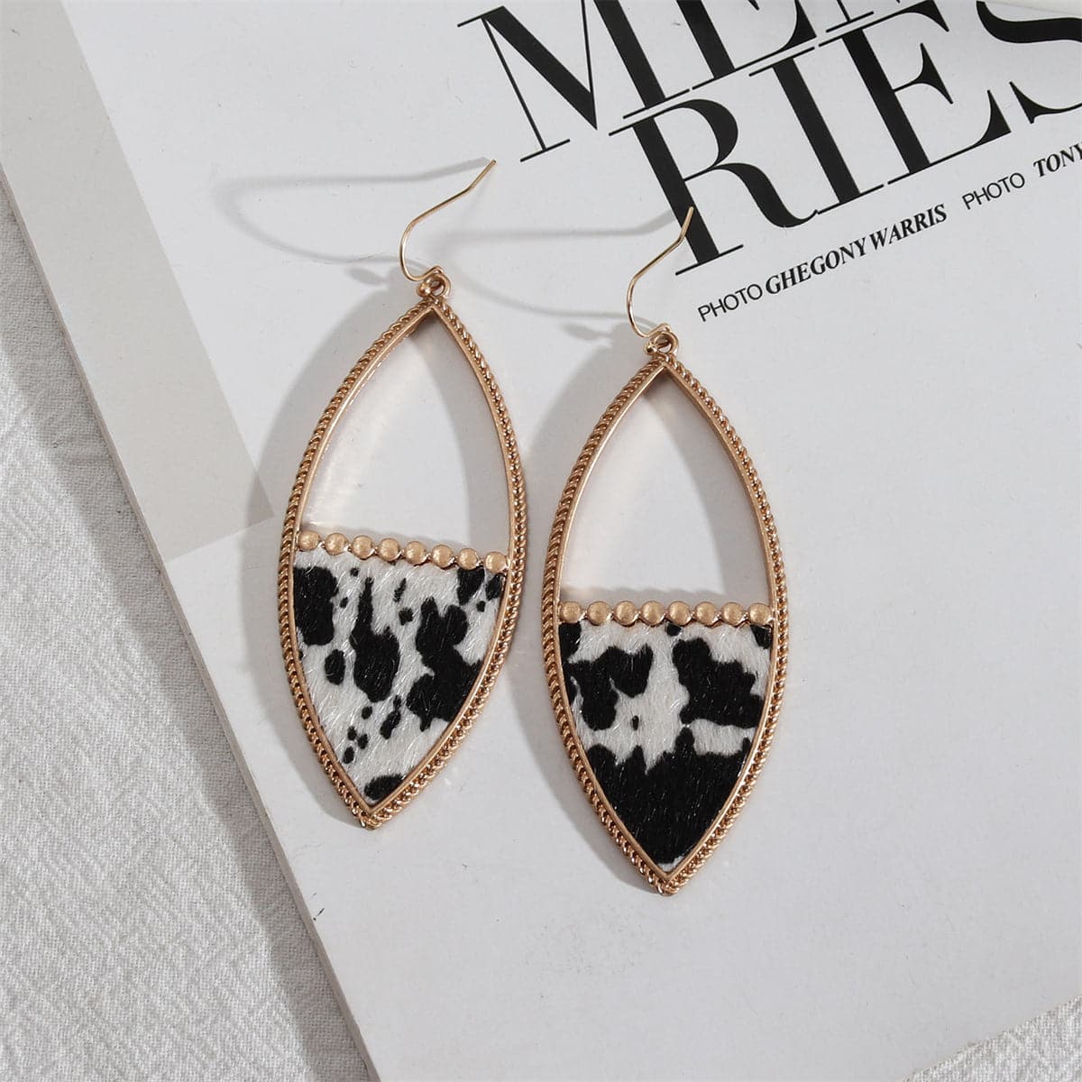 White Polystyrene and 18K Gold-Plated Cow-Print Drop Earrings, gold drop earrings for women, elegant gift for her, front view