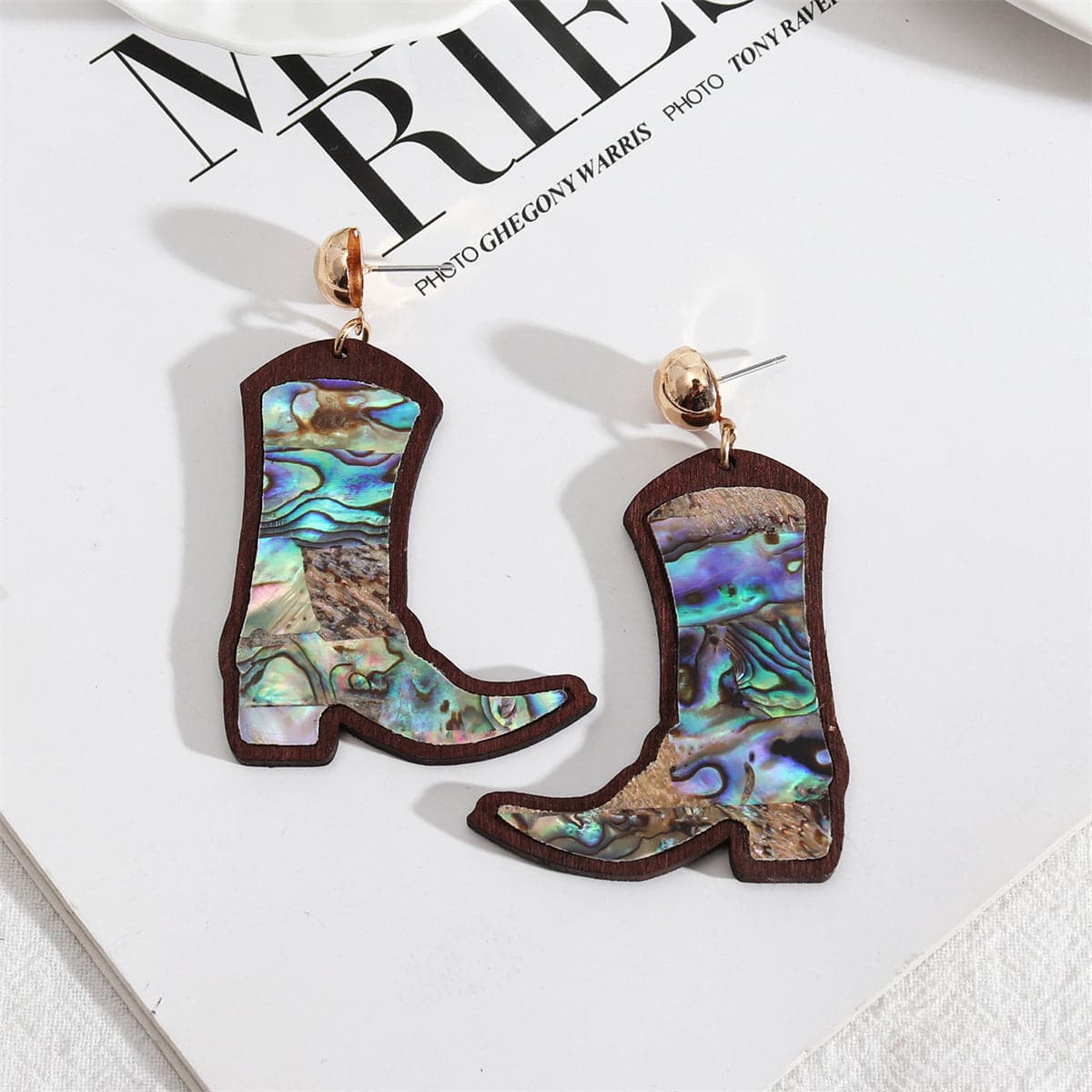 Abalone Shell and Wood Cowboy Boot Drop Earrings, drop earrings for women, dainty minimalist design, front view
