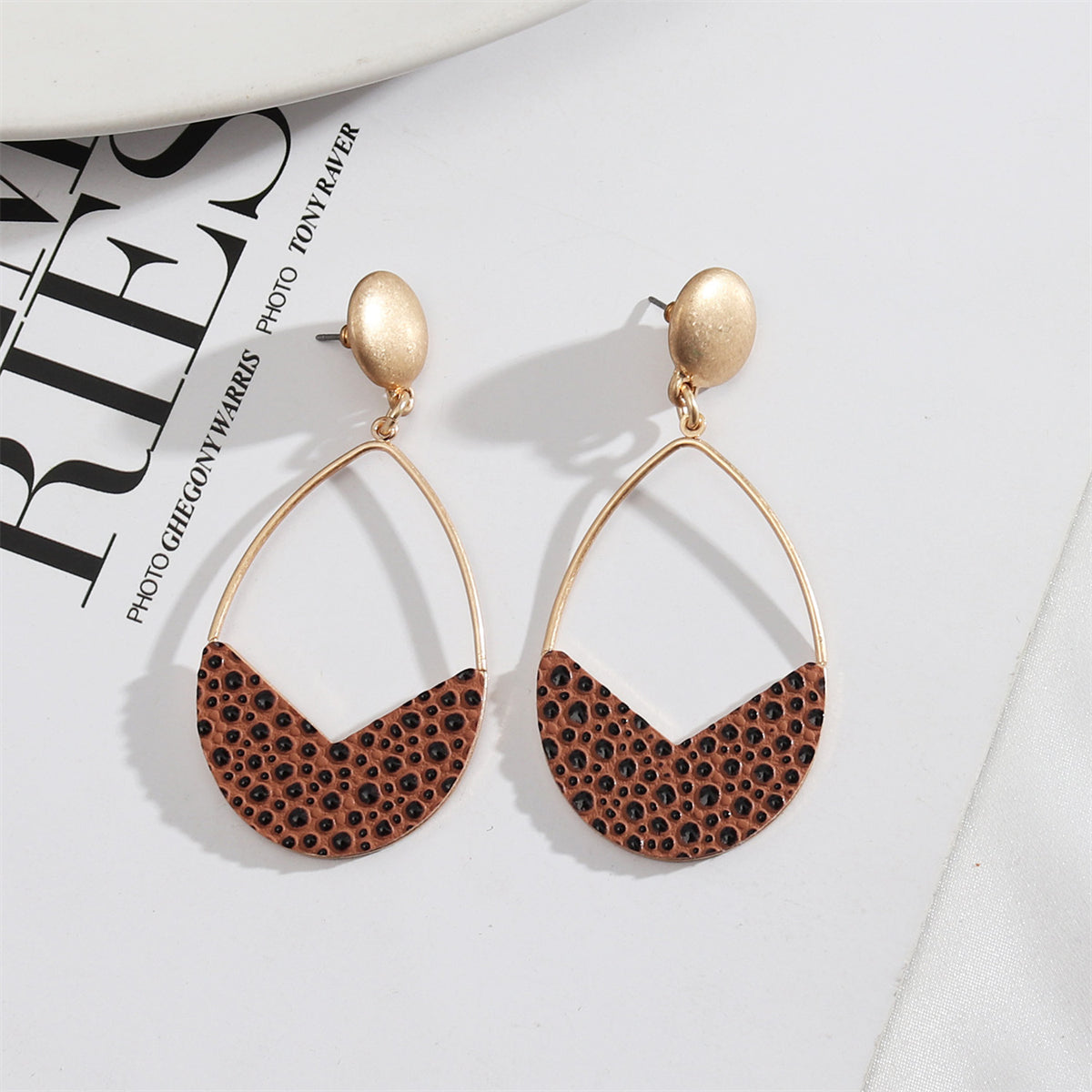 Khaki and Black Polystyrene Spot Open Teardrop Earrings, drop earrings for women, botanical inspired, front view