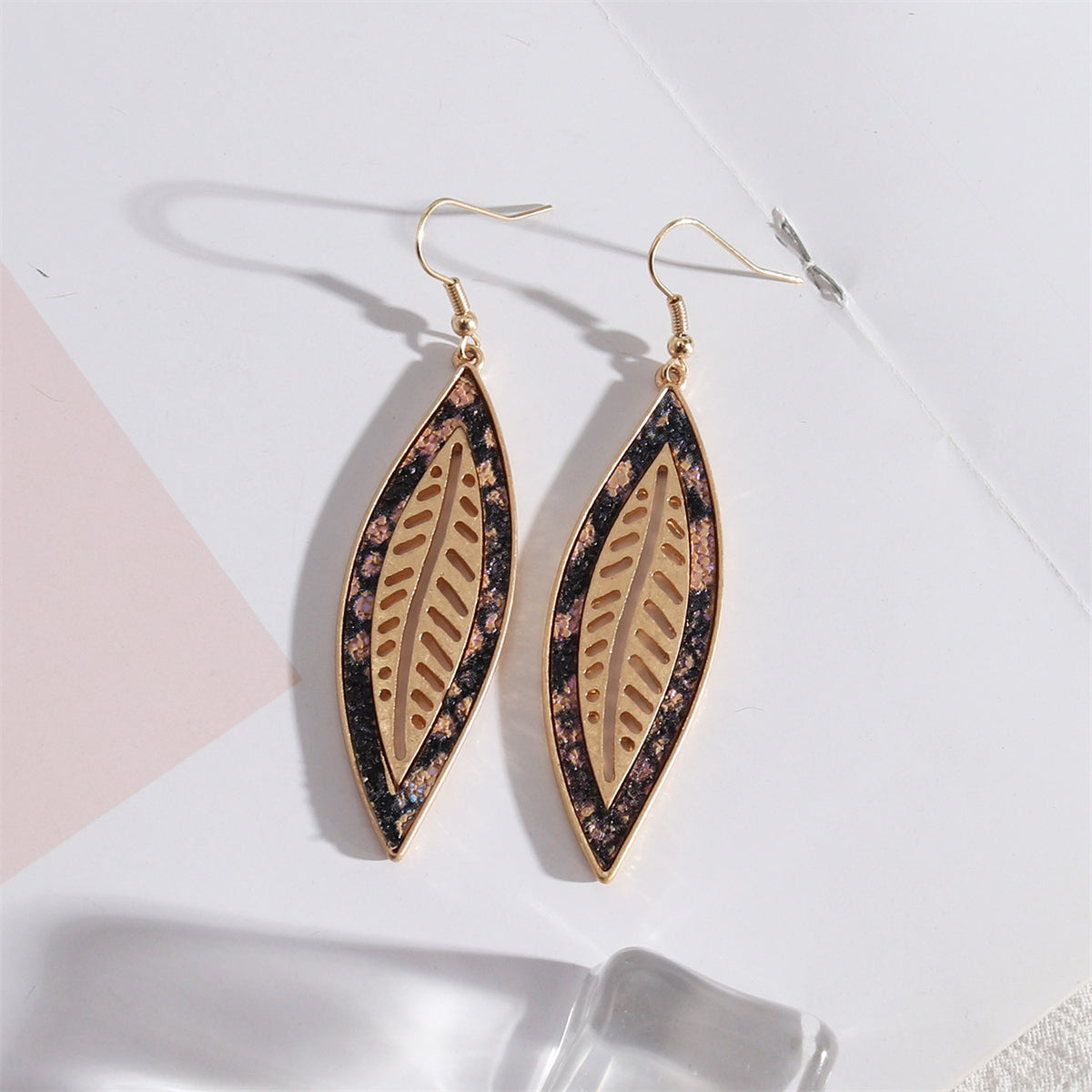 Purple Polyurethane and 18K Gold-Plated Spotted Leaf Drop Earrings, gold drop earrings for women, front view