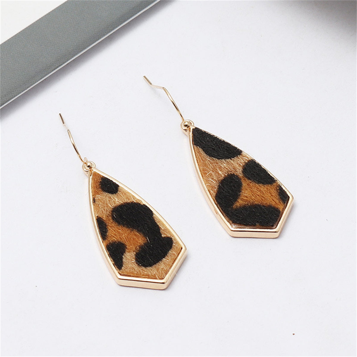 Khaki Polyurethane and 18K Gold-Plated Leopard Drop Earrings, gold drop earrings for women, everyday style, side view