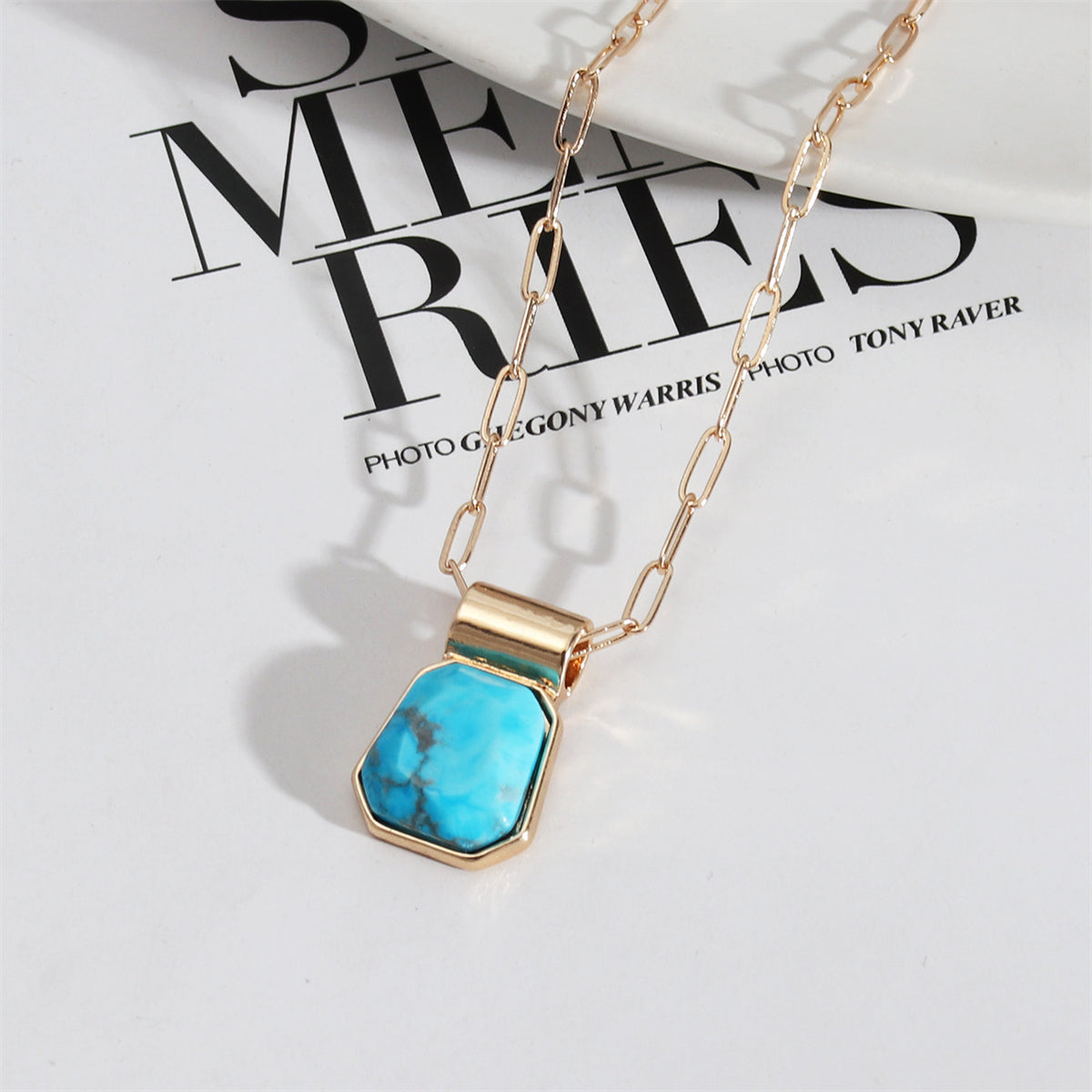 Blue Turquoise and 18K Gold-Plated Ladder Pendant Necklace, gold pendant necklace for women, front view