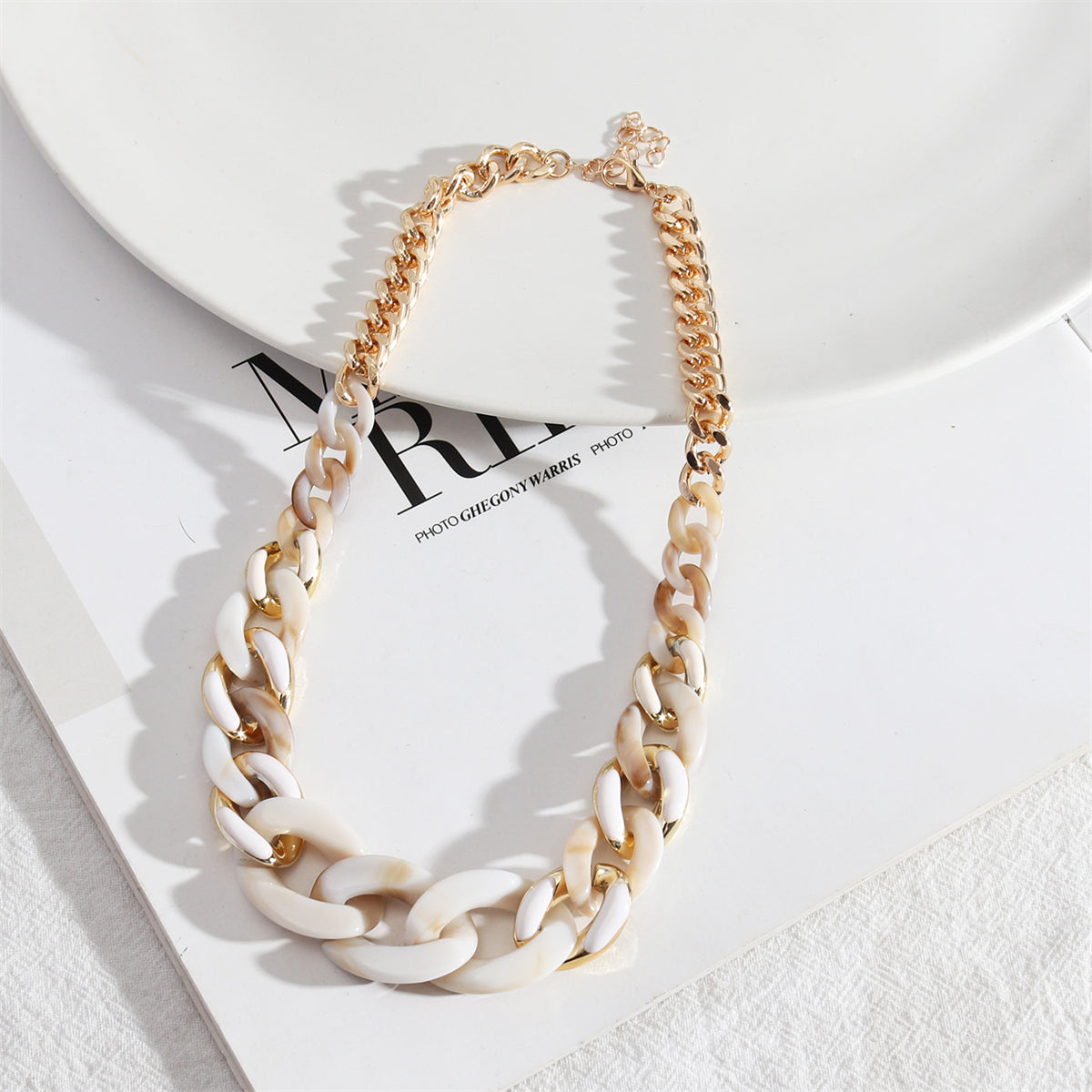 Cream Resin and 18K Gold-Plated Curb Chain Necklace, gold pendant necklace for women, botanical inspired, front view
