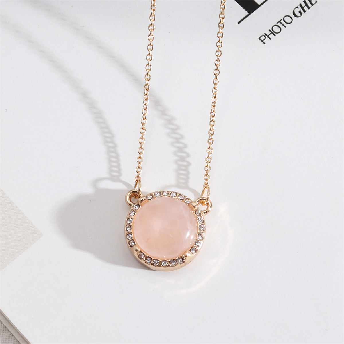 Cubic Zirconia and Pink Crystal Halo Round Pendant Necklace, pendant necklace for women, detail close-up
