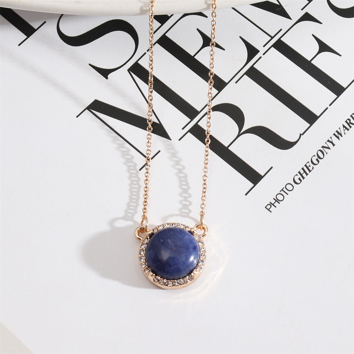 Blue Lapis and Cubic Zirconia Halo Round Pendant Necklace, pendant necklace for women, dainty minimalist design, front view