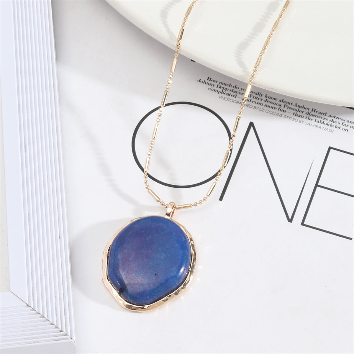 Dark Blue Quartz and 18K Gold-Plated Oval Pendant Necklace, gold pendant necklace for women, everyday style, front view