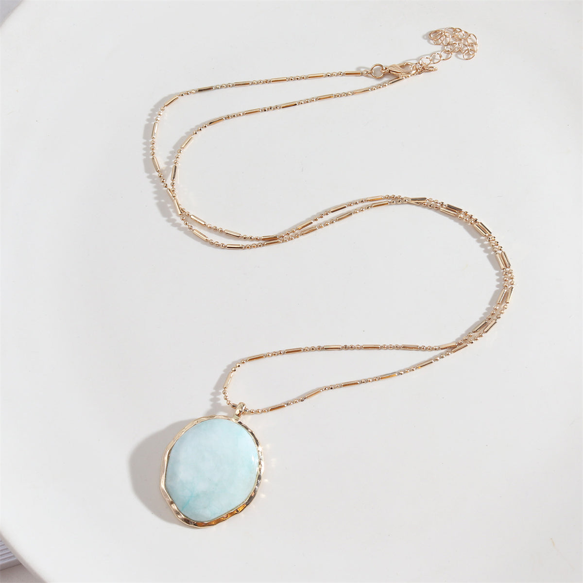 Light Blue Turquoise and 18K Gold-Plated Oval Pendant Necklace, gold pendant necklace for women, side view