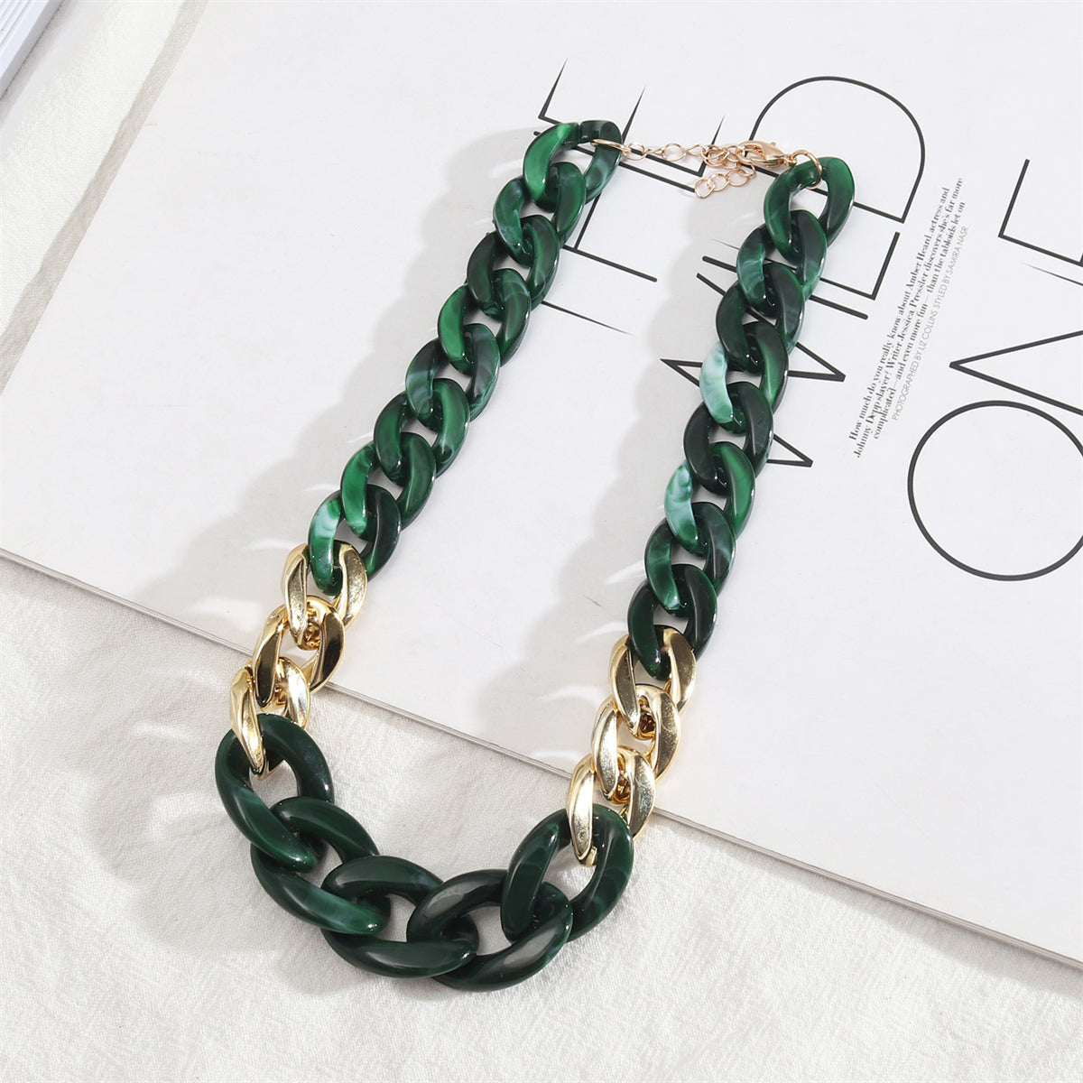 Green Resin and 18K Gold-Plated Patchwork Curb Chain Necklace, gold pendant necklace for women, front view
