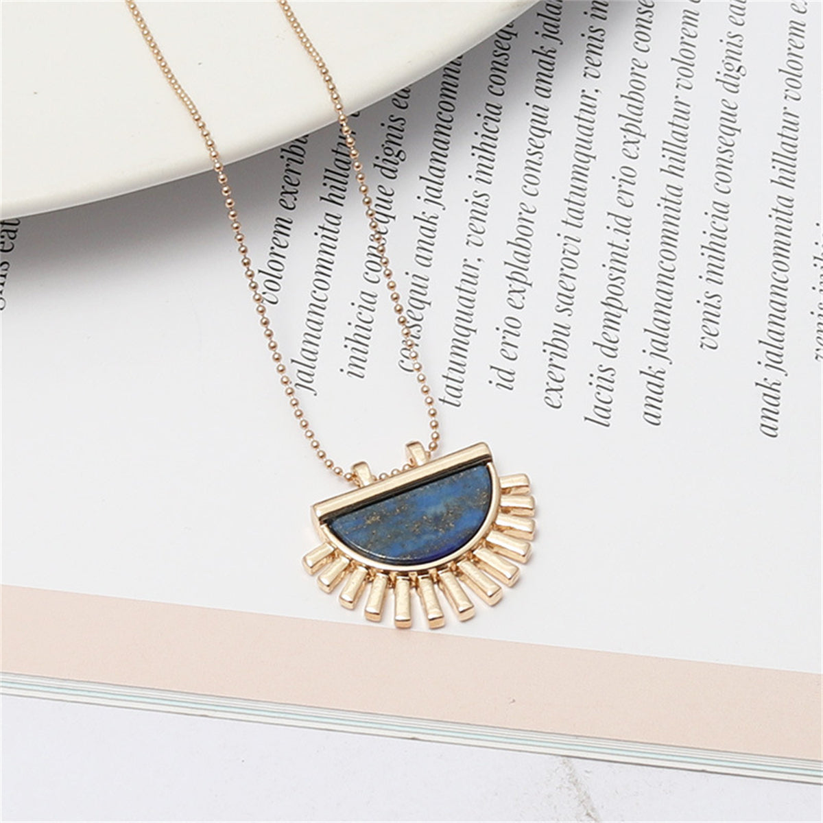Lapis and 18K Gold-Plated Fan Pendant Necklace, gold pendant necklace for women, elegant gift for her, front view