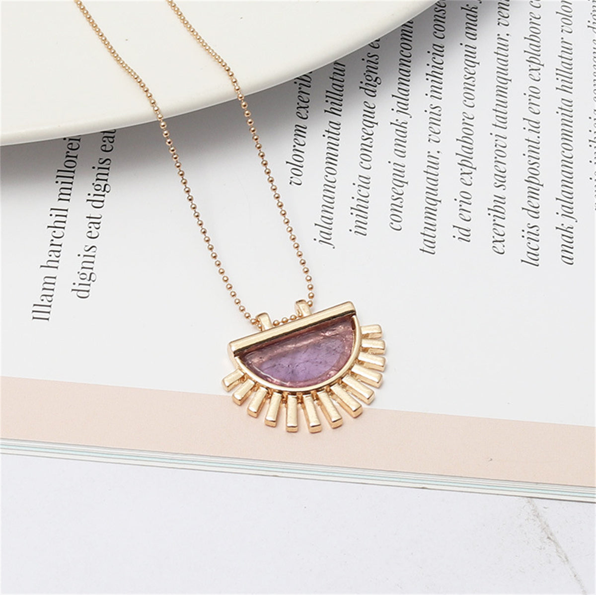 Purple Crystal and 18K Gold-Plated Fan Pendant Necklace, gold pendant necklace for women, everyday style, front view