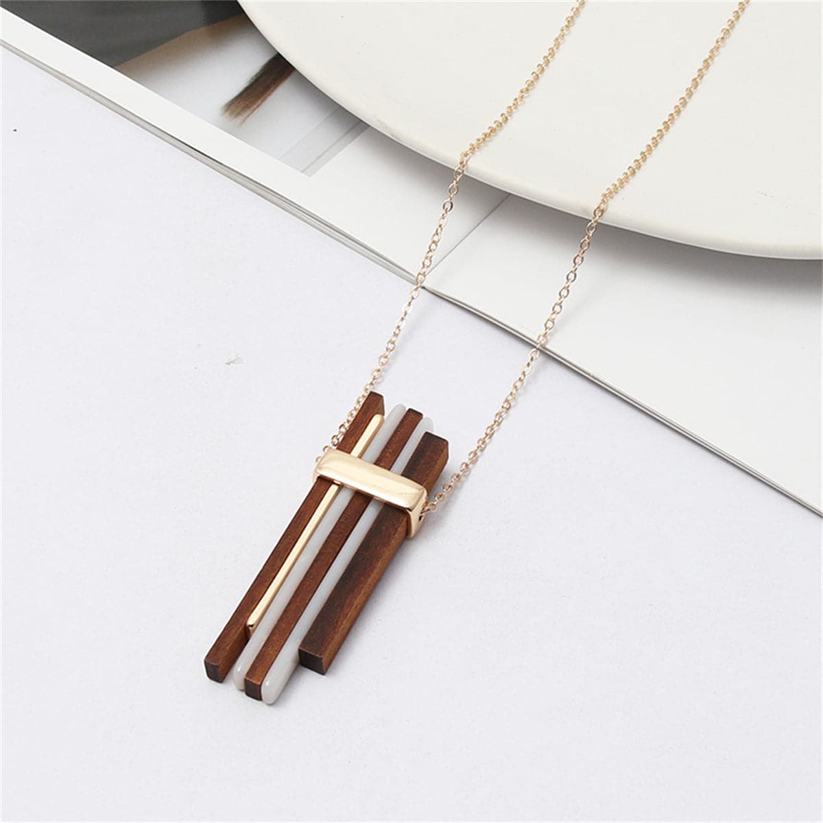 Pink Resin and Wood 18K Gold-Plated Pendant Necklace, gold pendant necklace for women, everyday style, front view