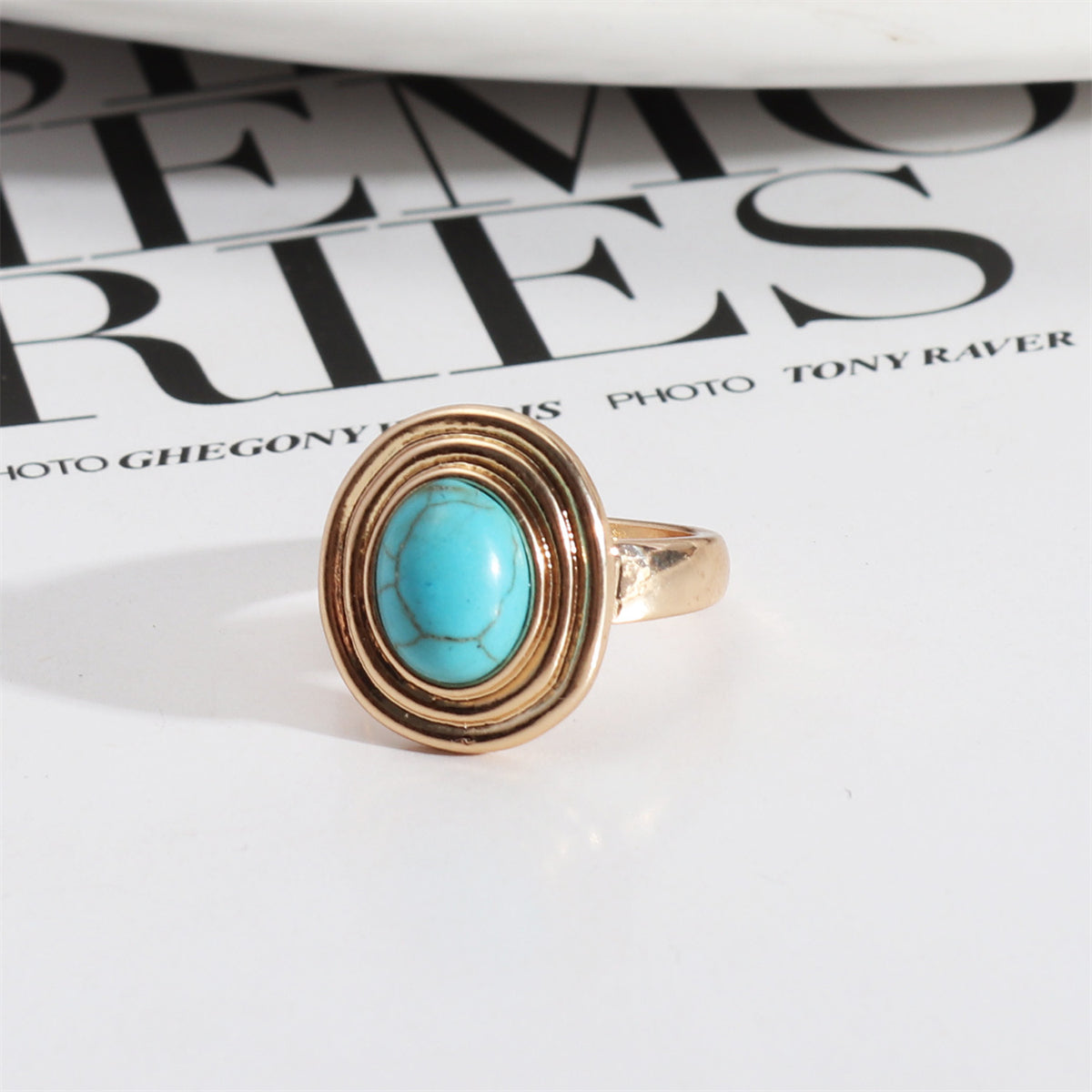 Turquoise and 18K Gold-Plated Oval-Cut Ring, gold statement rings for women, dainty minimalist design, front view