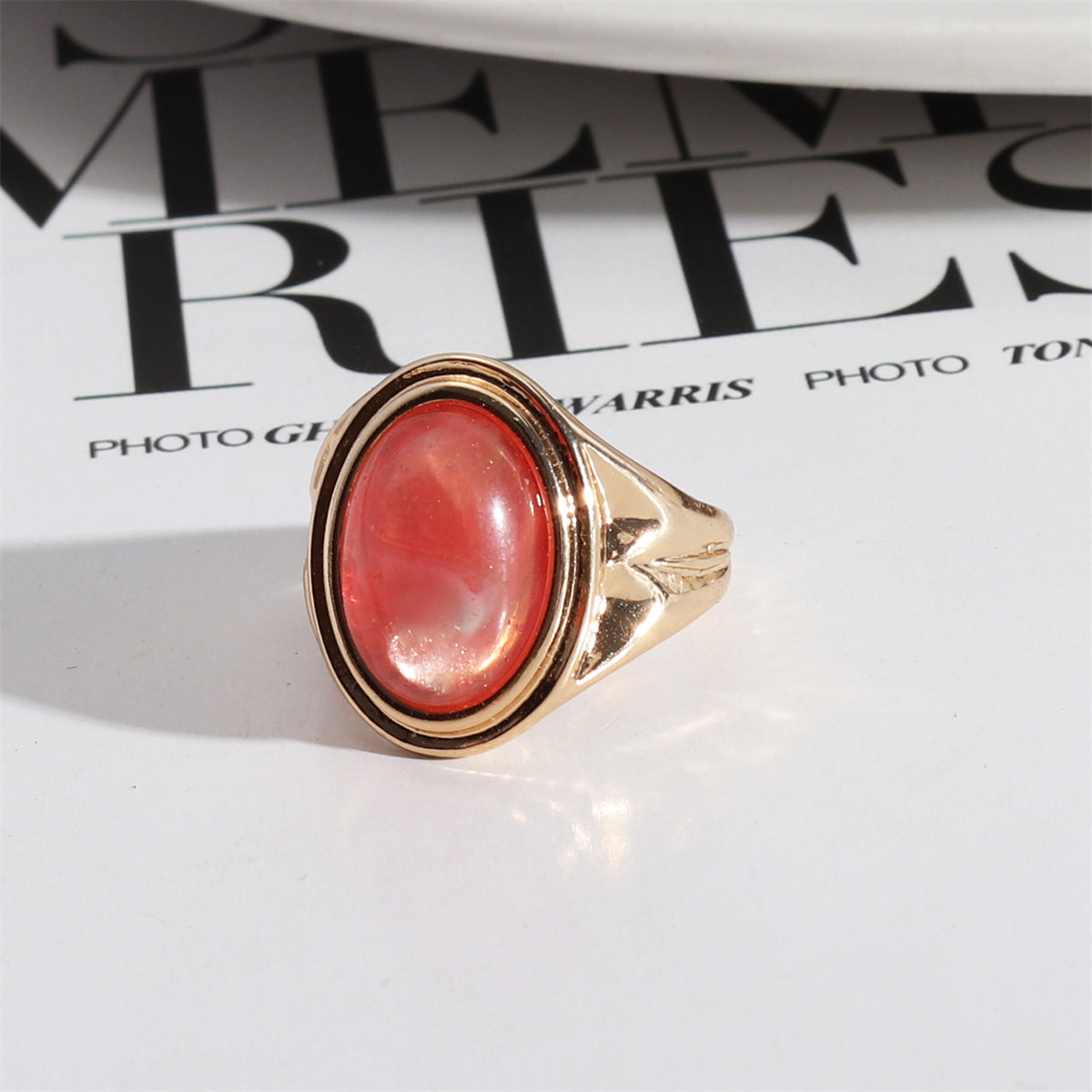 Red Quartz and 18K Gold-Plated Oval-Cut Ring, gold statement rings for women, elegant gift for her, front view