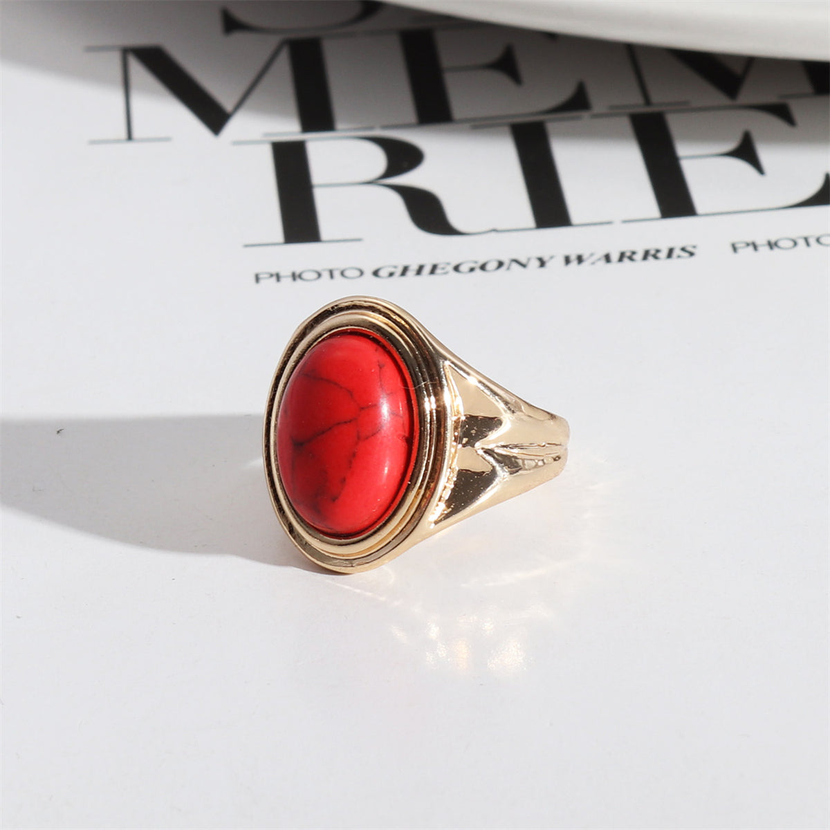 Red Turquoise and 18K Gold-Plated Oval-Cut Ring, gold statement rings for women, elegant gift for her, front view