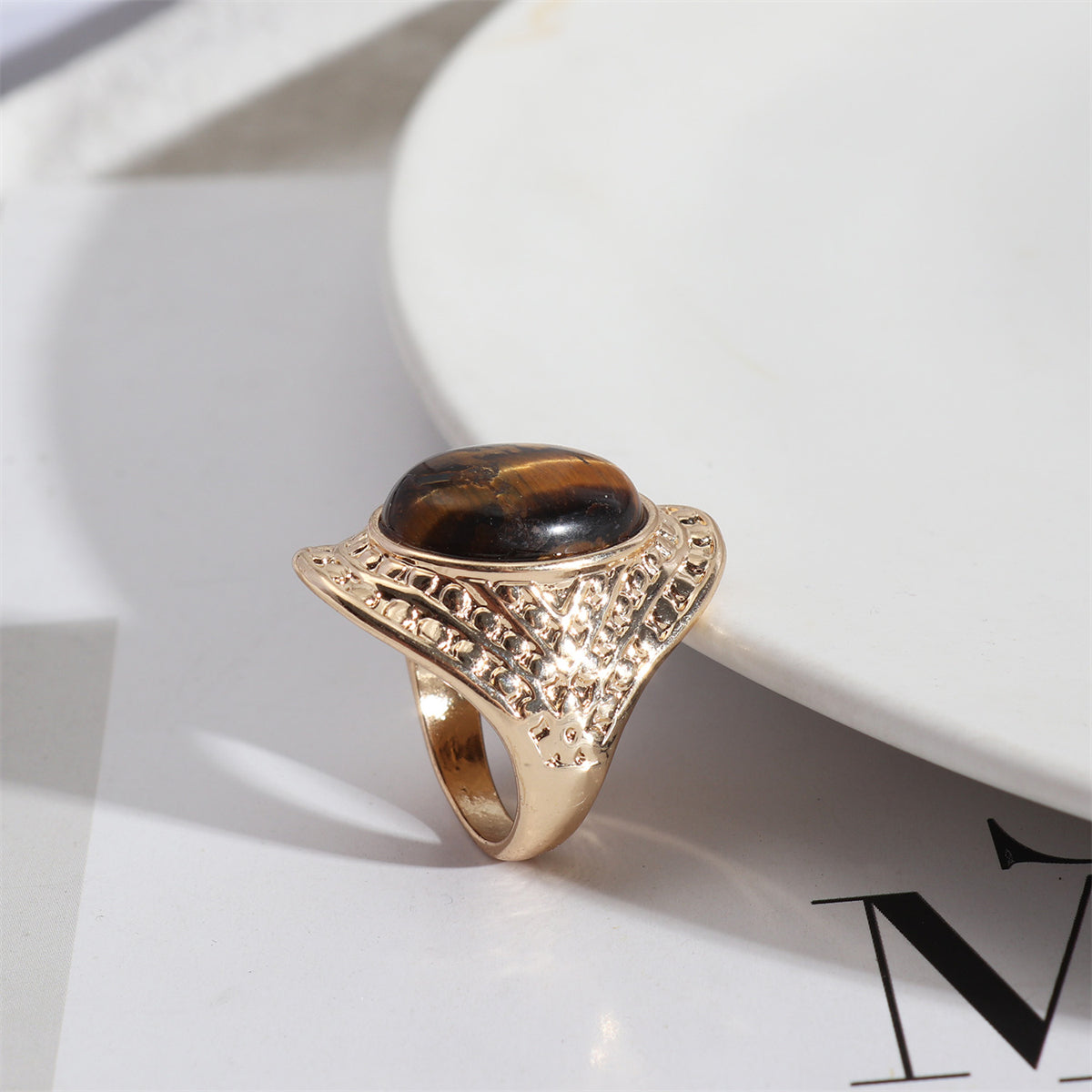 Brown Quartz and 18K Gold-Plated Oval-Cut Ring, gold statement rings for women, dainty minimalist design, styled look