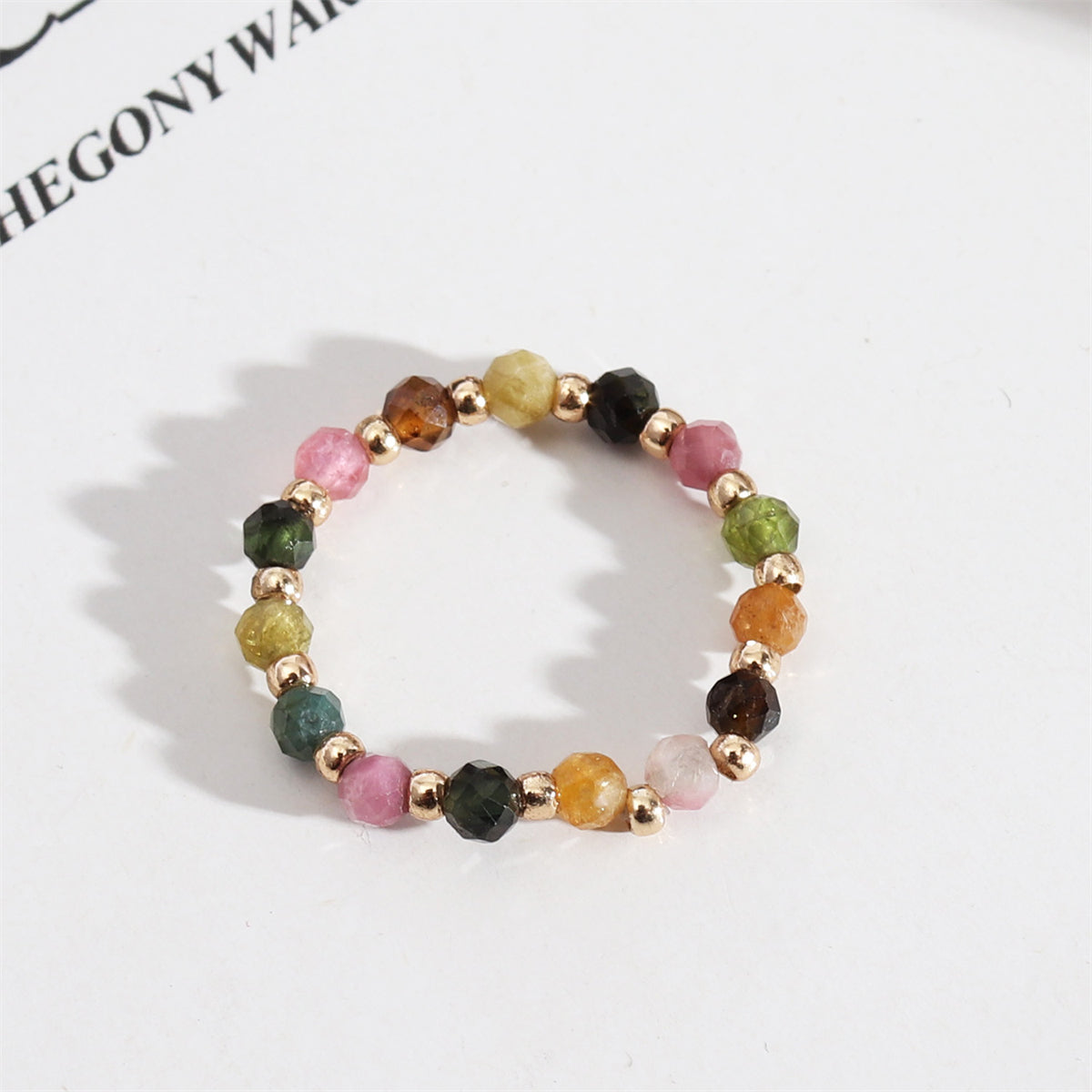 Pink and Green Multicolor Beaded Stretch Ring, statement rings for women, elegant gift for her, front view