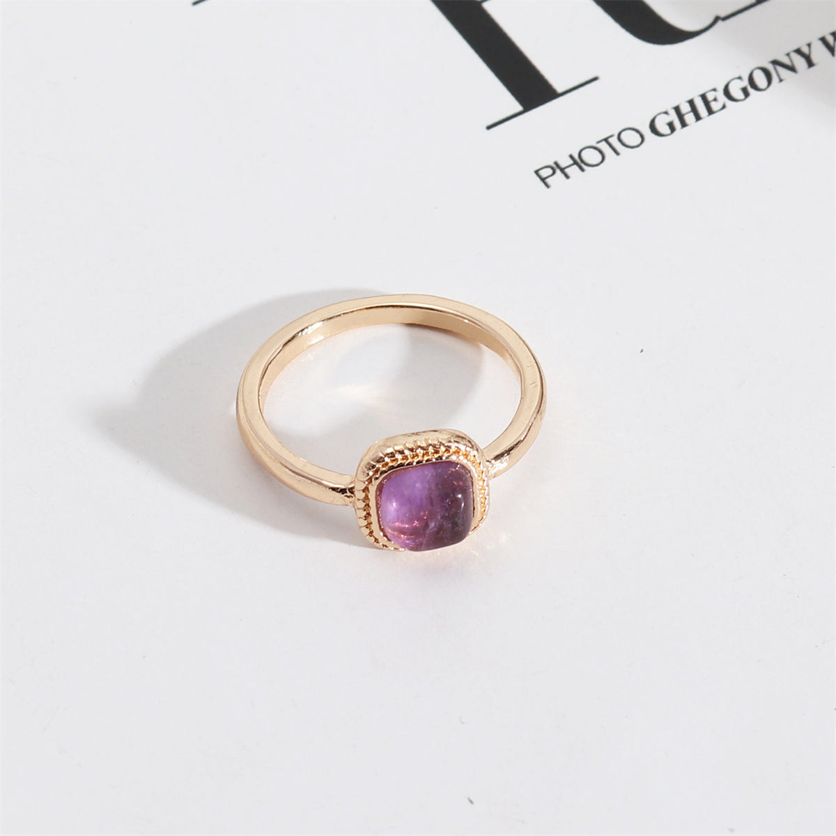 Purple Quartz and 18K Gold-Plated Square Ring, gold statement rings for women, vintage-inspired design, front view
