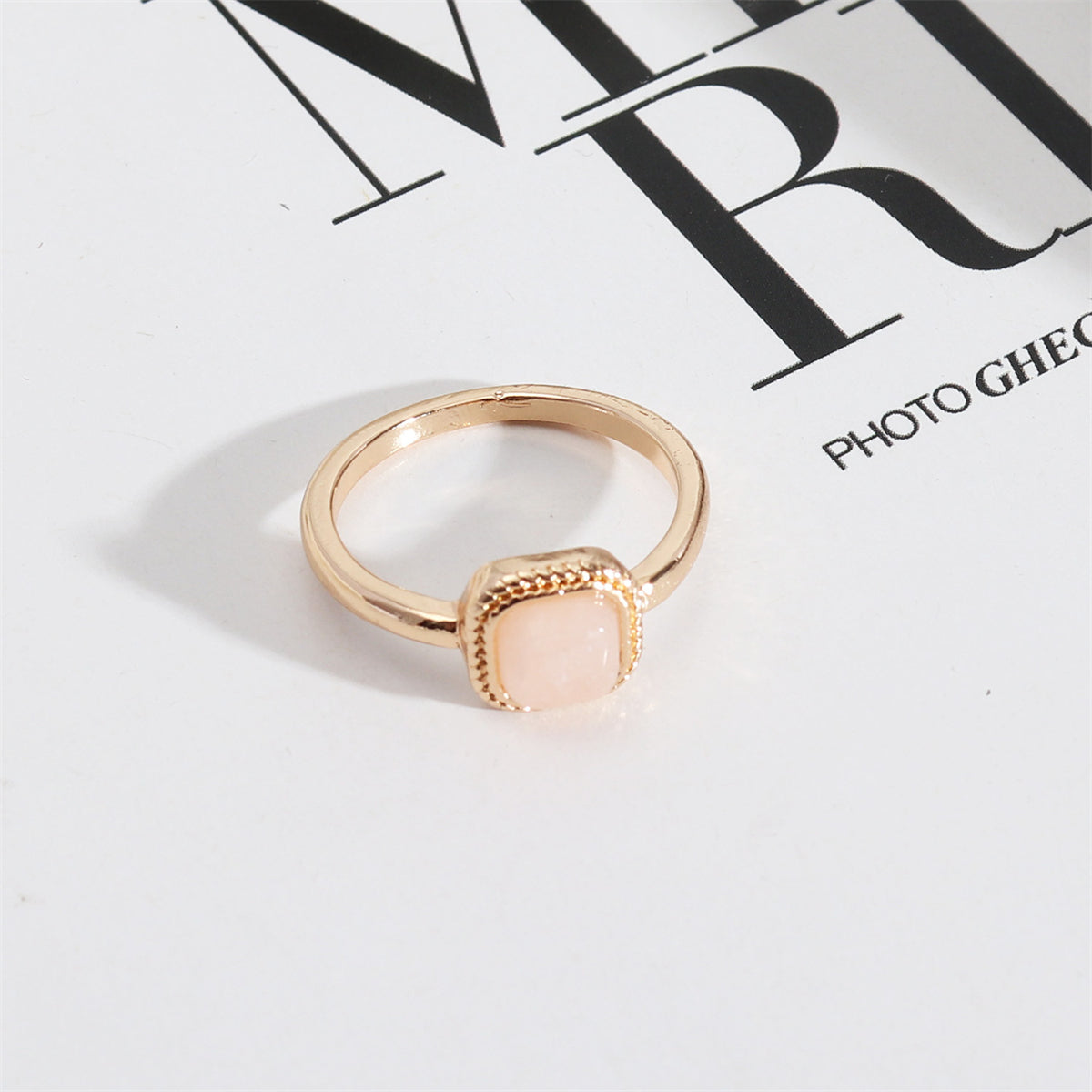Pink Quartz and 18K Gold-Plated Square Ring, gold statement rings for women, vintage-inspired design, front view