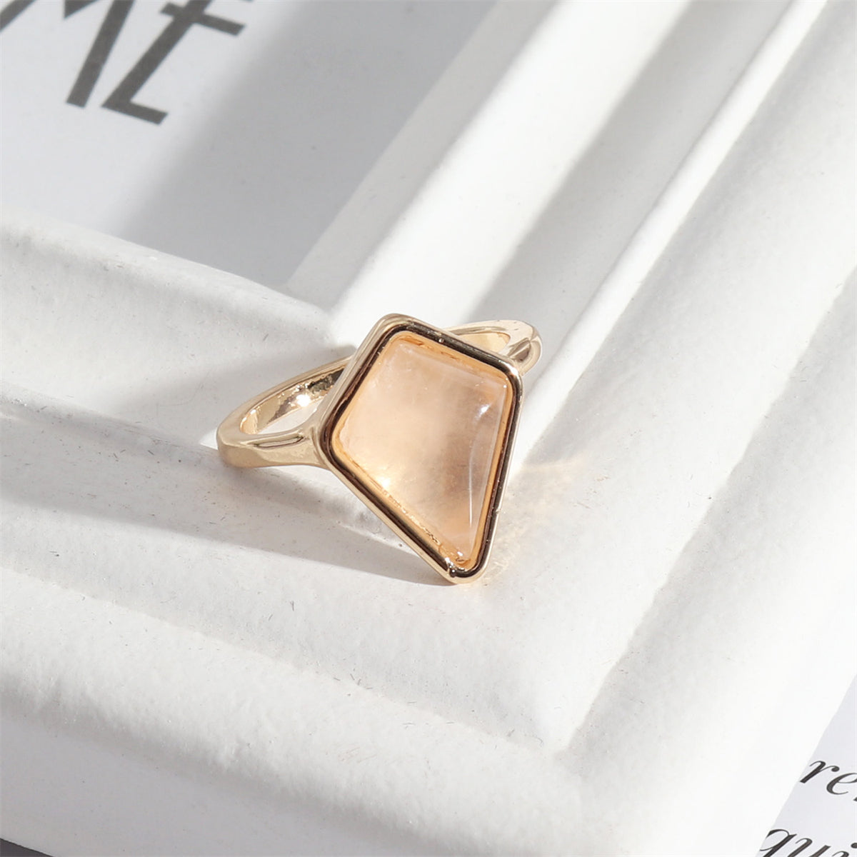 Pink Quartz and 18K Gold-Plated Shield Ring, gold statement rings for women, botanical inspired, front view