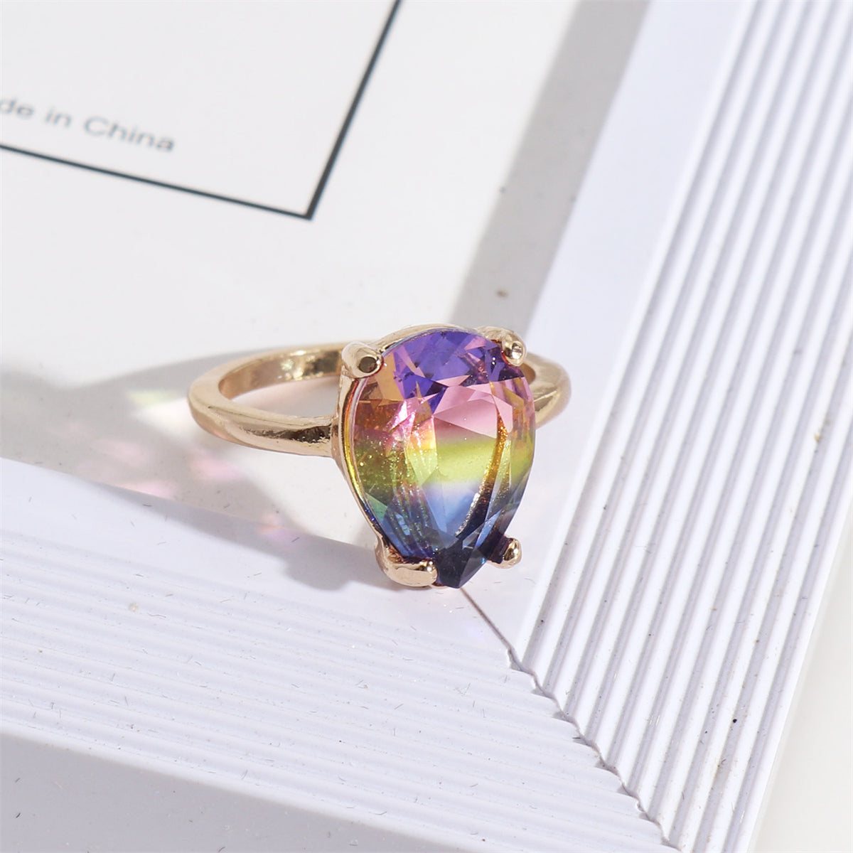 Purple and Yellow Crystal Drop Ring, statement rings for women, vintage-inspired design, front view