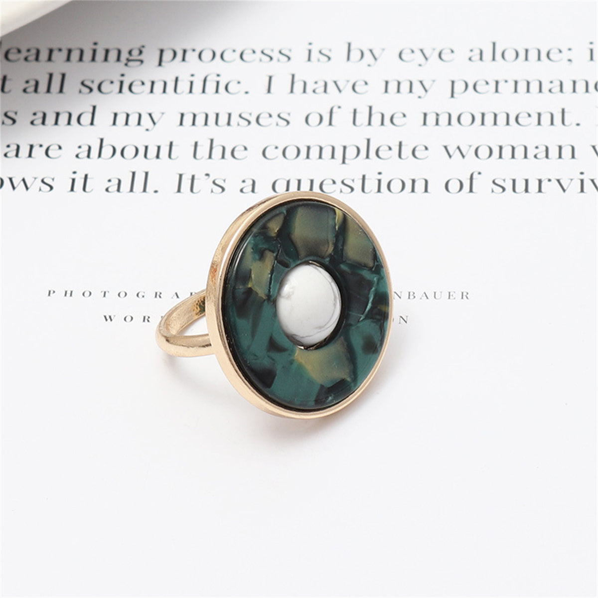 Turquoise and Dark Green Resin 18K Gold-Plated Openwork Round Ring, gold statement rings for women, front view