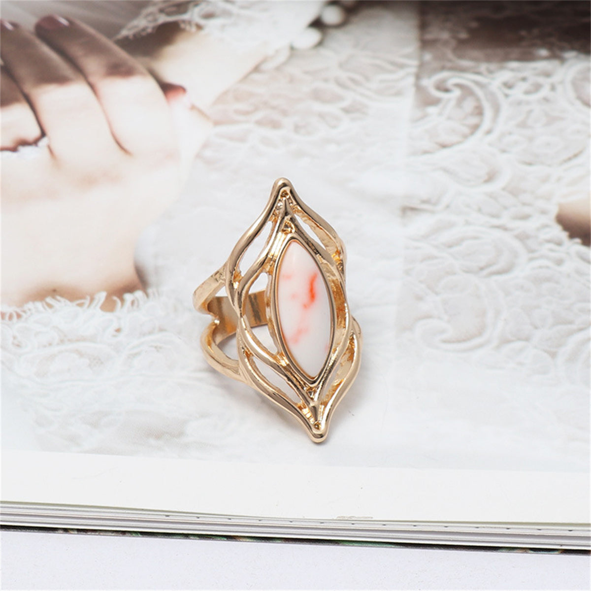 Pink Turquoise and 18K Gold-Plated Eye Ring, gold statement rings for women, everyday style, side view