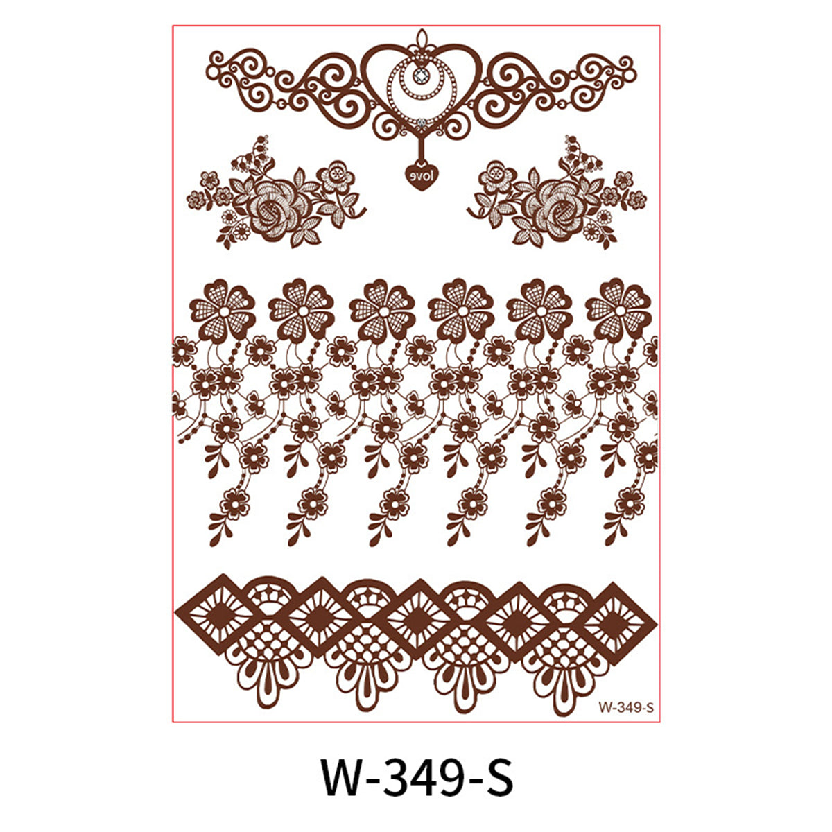 Red Lace Floral Heart Temporary Tattoos-Set Of 5, elegant gift for her, front view