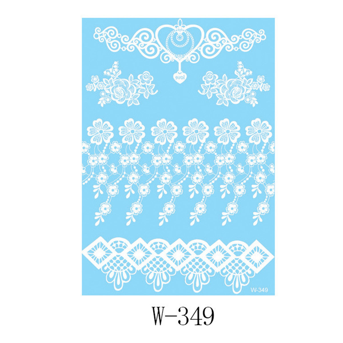 White Lace Floral Heart Temporary Tattoos-Set Of 5, dainty minimalist design, front view