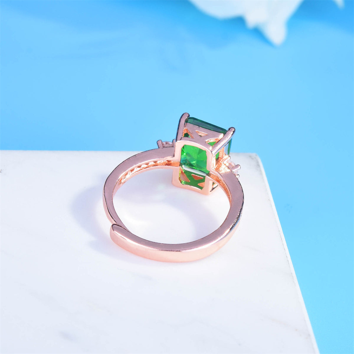 Green Crystal and Cubic Zirconia 18K Rose Gold-Plated Adjustable Ring, rose gold statement rings for women, styled look